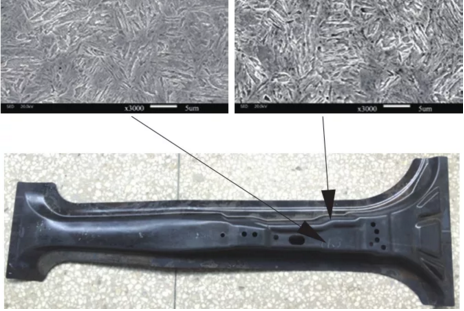 B柱熱沖壓樣件及關鍵區域的馬氏體組織形貌