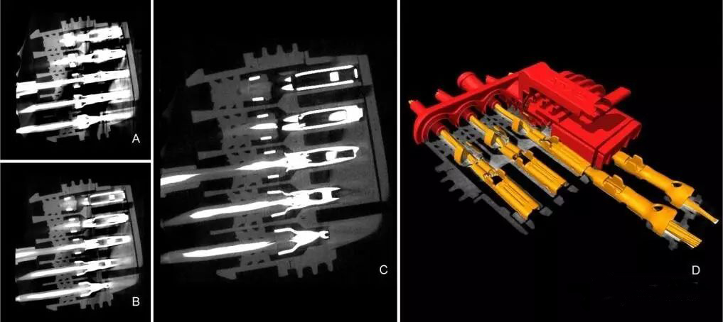 Multi-Sepctra-CT(Werth多光譜計算機斷層掃描)：通過結合幾種針對不同材料的CT測量方式，*小化偽影 (C and D)