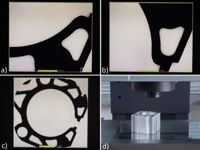 預設圓形路徑的初始點 a) 和結束點 b) 的圖片細節，整體圖片 c)和零件 d)